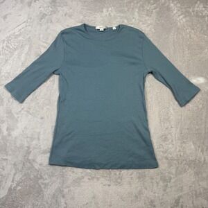VINCE Women's Ribbed 3/4 Sleeve Crew Neck Top Teal Blue Pima Cotton L